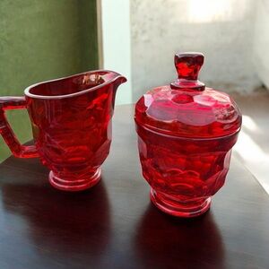 Viking Ruby Red Glass Georgian Covered Sugar Bowl and Creamer Set